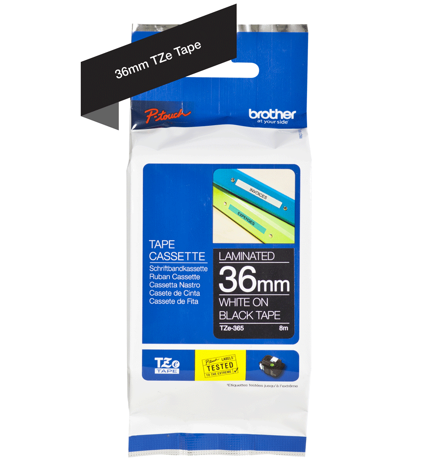 Oriģinālā Brother TZe365 baltas drukas melna uzlīmju lentes kasete, 36mm plata 3